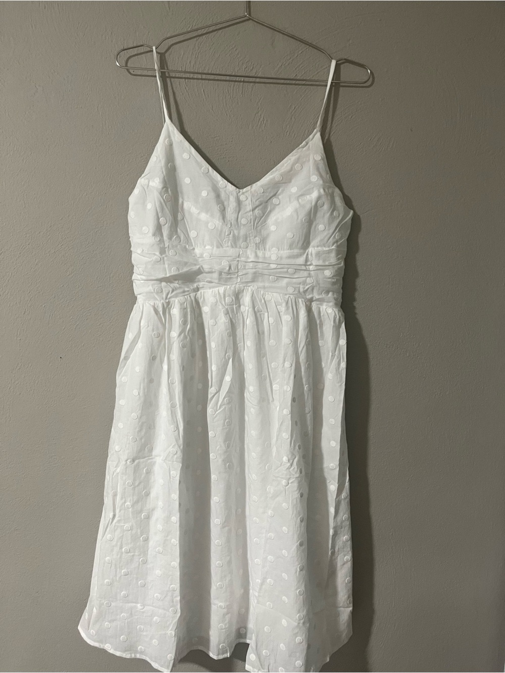 Virgio White  Midi Dress with Spaghetti Straps 100% Cotton. Dot Accents
